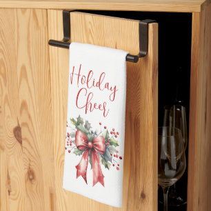 Modern Holiday Cheer Script Red Bow Theedoek