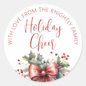 Modern Holiday Cheer Script Red Bow van naam Ronde Sticker (Voorkant)