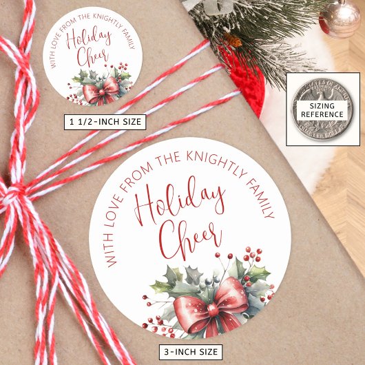 Modern Holiday Cheer Script Red Bow van naam Ronde Sticker