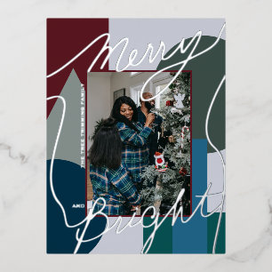 Modern Holiday Merry Bright Blues Foto Geo Folie Feestdagen Briefkaart