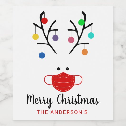 Modern Holiday Whimsical Mask Reindeer Kerstmis Wijn Etiket (Enkel label)