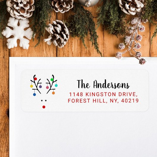 Modern Holiday Whimsical Reindeer Kerstmis Etiket