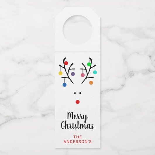 Modern Holiday Whimsical Reindeer Kerstmis Flessenhanger (Voorkant)