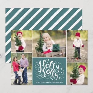 Modern Holly Photo Collage Kerstmis Blauwgroen Feestdagenkaart