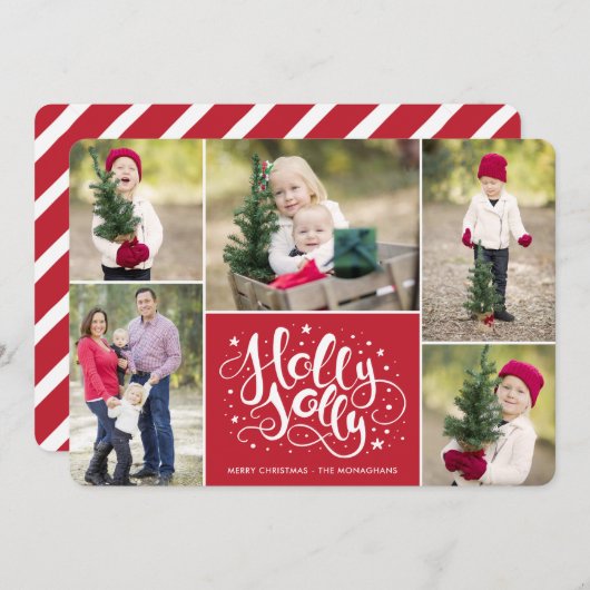 Modern Holly Photo Collage Kerstrood Feestdagenkaart (Voorkant / Achterkant)