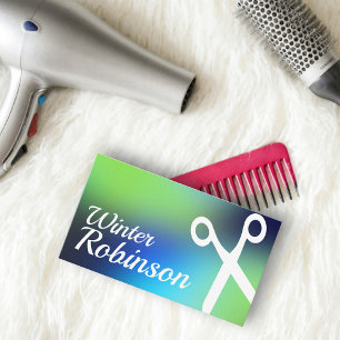 Modern holografisch blauw groen turquoise haarstij visitekaartje