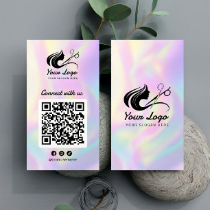 Modern holografisch logo voor haarstudio op social visitekaartje