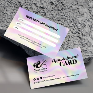 Modern holografisch logo voor kapsalon en sociale afsprakenkaartje