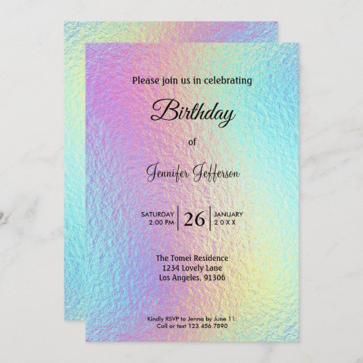 Modern holographic Birthday invitation (Devant / Derrière)
