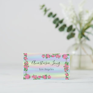 Modern Holographic Pink Flowers Visitekaartje