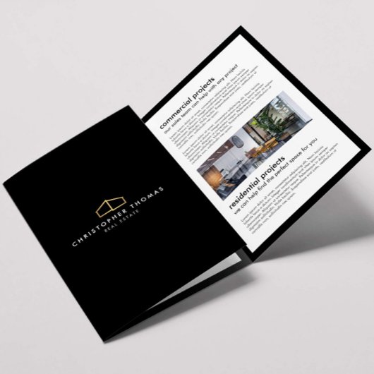 Modern Home Logo Vastgoed Zwart/Goud Brochure Drieluik Kaart