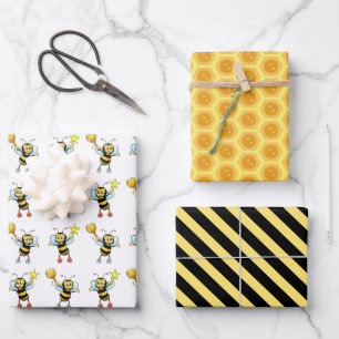 Modern Honey Bees with Heart & Honeycomb Pattern Inpakpapier Vel