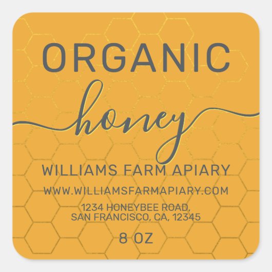 Modern Honey Jar Label Honeybee Apiary Yellow (Voorkant)