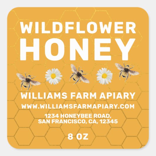 Modern Honey Jar Label Honeybee Apiary Yellow (Voorkant)