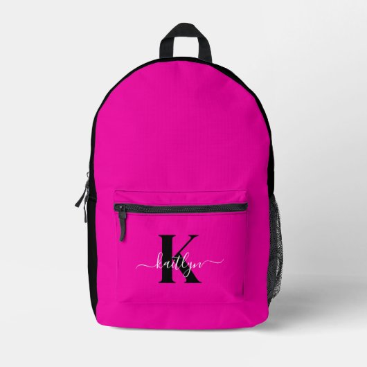 Modern Hot Pink Black Script Monogram Bedrukte Rugzak (Voorkant)
