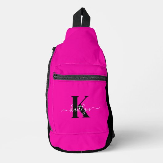 Modern Hot Pink Black Script Monogram Sling Bag (Voorkant)