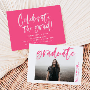 Modern Hot Pink Geborsteld Script Graduation Party Kaart