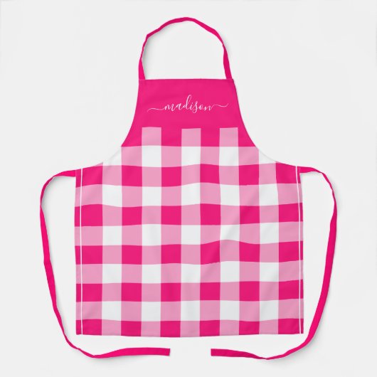 Modern hot pink gingham script naam schort (Voorkant)