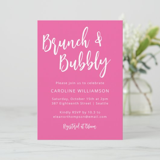 Modern Hot Pink Trendy Script Brunch Bubble Shower Kaart (Staand voorkant)