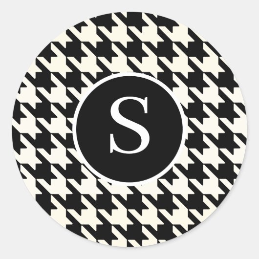Modern Houndstooth zwart-wit monogram Ronde Sticker (Voorkant)