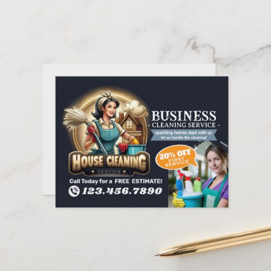 Modern House Cleaning Maid Service Housekeeping Briefkaart (Voorkant / Achterkant in situ)