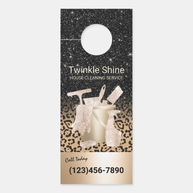 Modern House Cleaning Service Black & Gold Leopard (Voorkant)