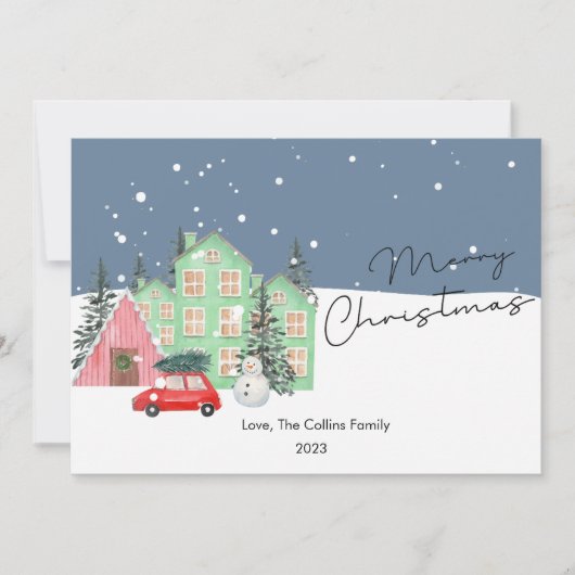 Modern Huis en Sneeuw Kerstkaart Plat Design (Voorkant)