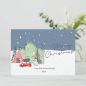 Modern Huis en Sneeuw Kerstkaart Plat ontwerp (Staand voorkant)