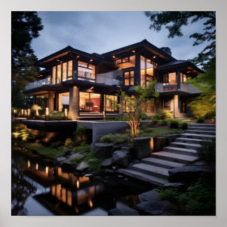 Modern huis met waterpartij poster