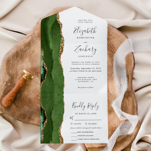Modern Hunter Green Gold Agate Meal Choice Wedding All In One Uitnodiging
