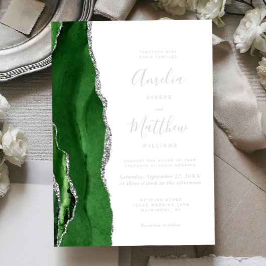 Modern Hunter Green Silver Agate Wedding Folie Uitnodiging