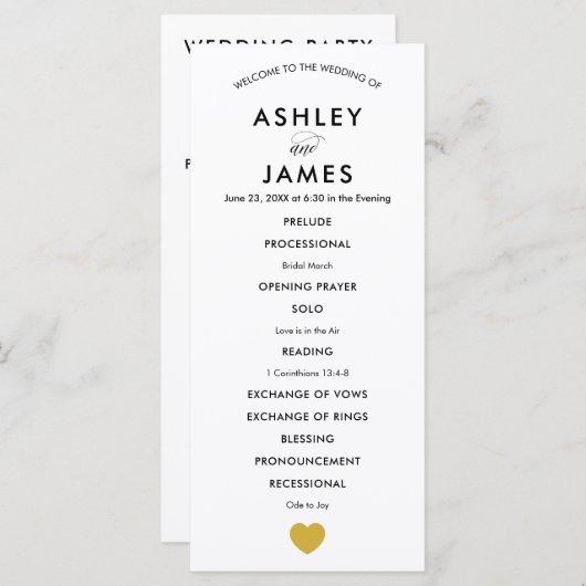 Modern huwelijksprogramma voor ceremonie, Gold Hea Programma (Voorkant / Achterkant)