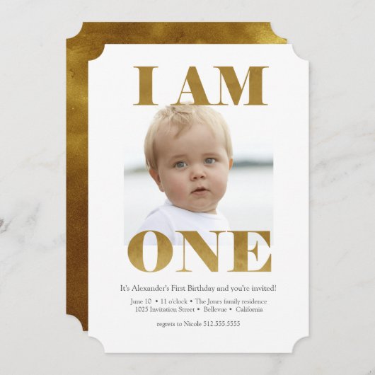 Modern "I AM ONE" Gold 1st Birthday Kaart (Voorkant / Achterkant)