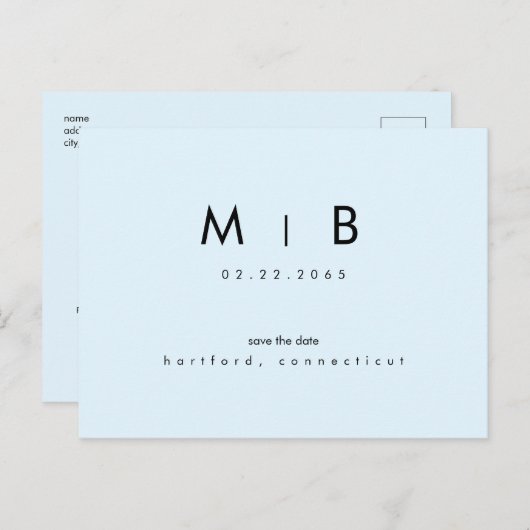 Modern Ice Blue Monogram Bruiloft Save the Date Briefkaart (Voorkant / Achterkant)