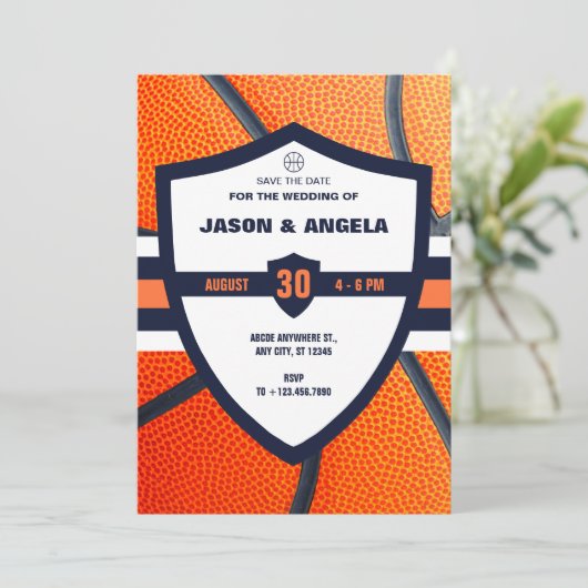 Modern iconisch basketbal logo bruiloft  save the date (Staand voorkant)