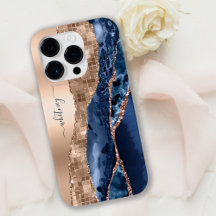 Modern Indigo Blue Agaat & Roos Gold Confetti Leaf