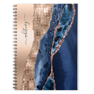 Modern Indigo Blue Agaat & Roos Gold Confetti Leaf Notitieboek