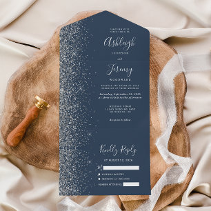Modern Indigo Blue Silver Glitter Wedding All In One Uitnodiging