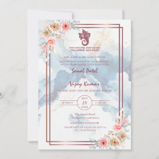 Modern Indisch Hindoe Bruiloft Ganesha Bloemmarmer Kaart (Voorkant)