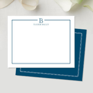Modern Initiaal Donkerblauw Navy Border Stationery Notitiekaartje
