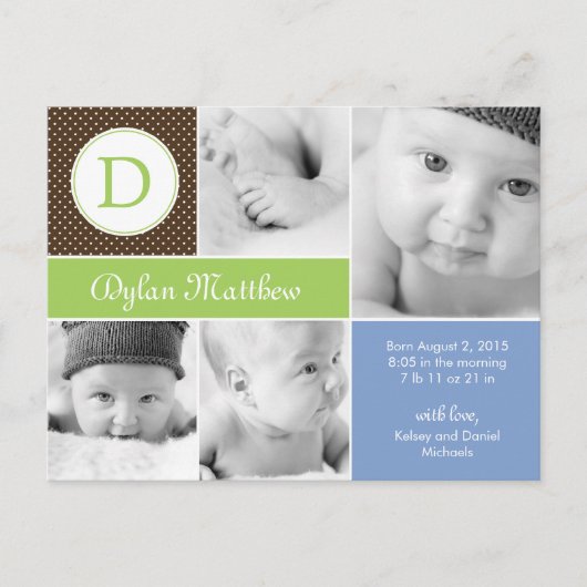 Modern Initiaal Geboorteaankondiging - blauw Aankondigingskaart (Voorkant)