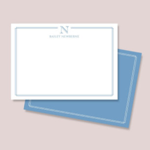 Modern Initiaal Monogram Blauwe Rand Briefpapier Notitiekaartje