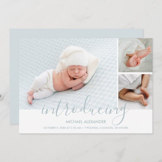 Modern Introduction Boy Photo Birth Announcement (Voorkant / Achterkant)