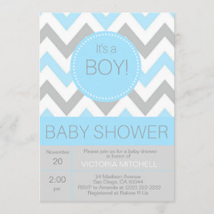 Modern 'It's a Boy' Blue/Grey Chevron Baby shower Kaart