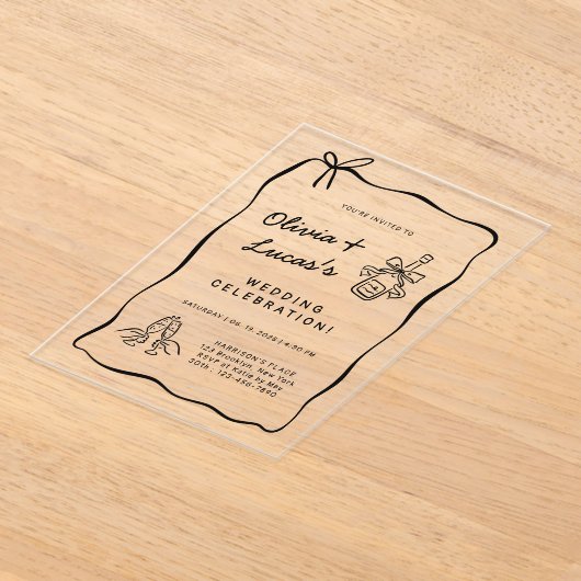 Modern Ivory & Black Hand-Drawn Wedding Acryl Uitnodigingen (Laagn)