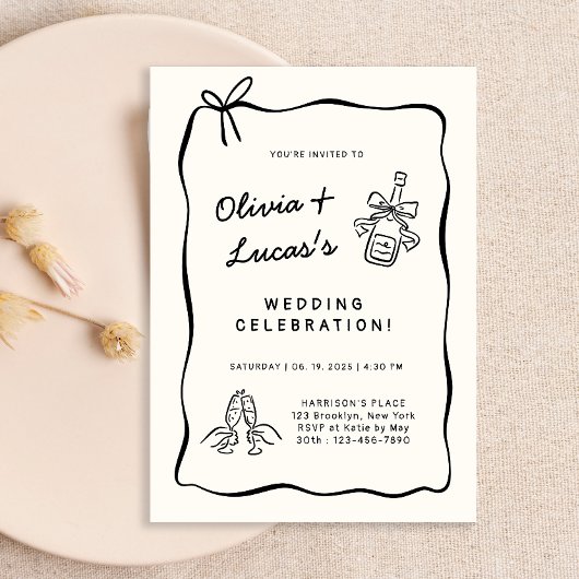 Modern Ivory & Black Hand-Drawn Wedding  Kaart