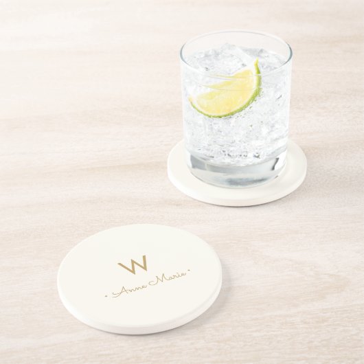 Modern ivory Gold Script Monogram Zandsteen Onderzetter (Zijkant)