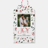 Modern Joy Red Berry Botanische Kerstfoto Cadeaulabel (Voorkant)