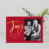 Modern Joy Script Red Foto Folie Feestdagenkaart (Staand Voorkant)