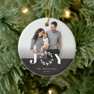 Modern Joy Wreath Photo Holiday Kerstmis Keramisch Ornament